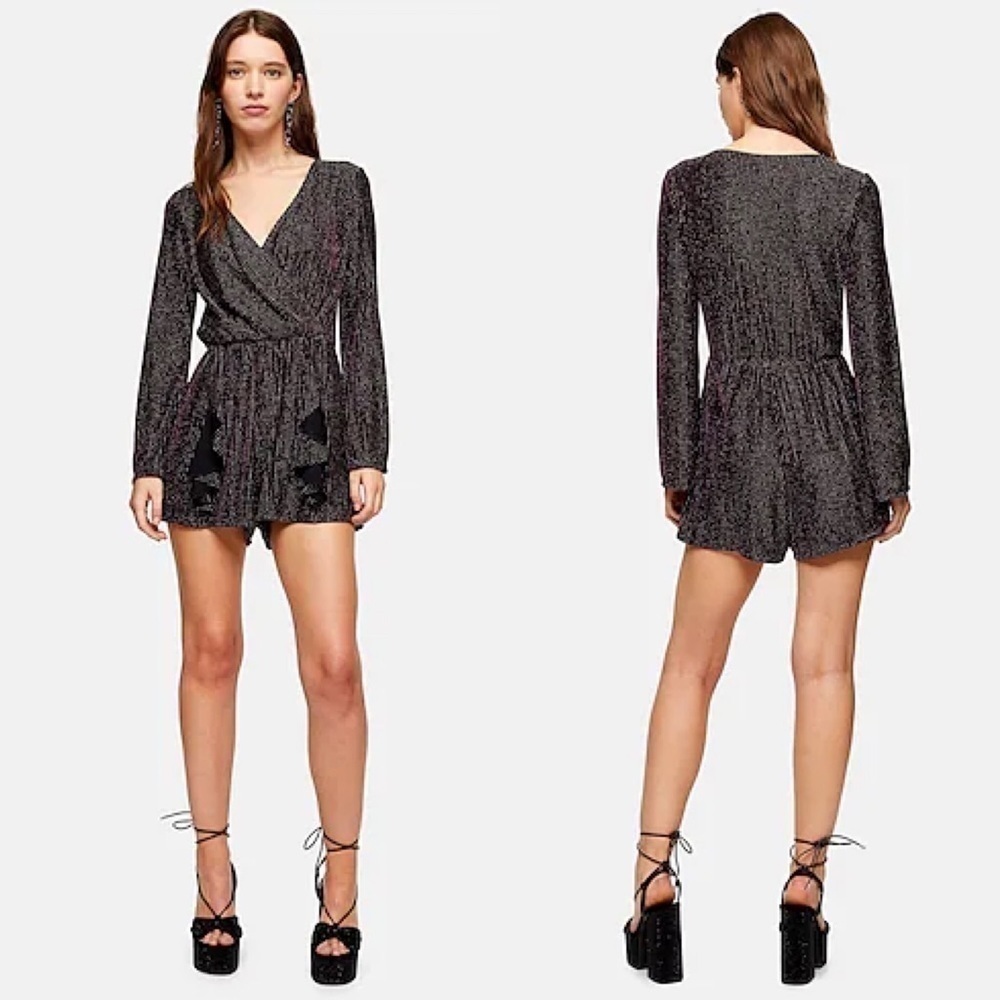 Topshop Glitter Stripe Playsuit Romper Black Metallic 14